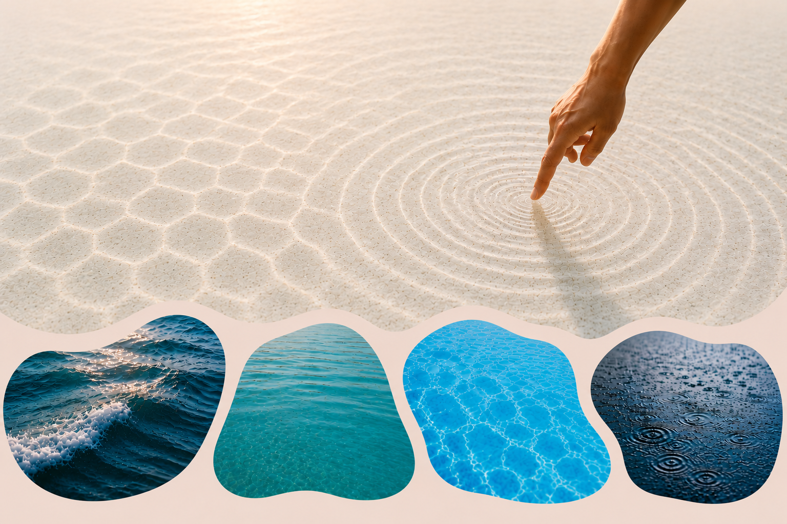 A hand touching rippling water, above a collage of ocean, sea, pool, and rain water